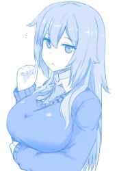 Rule 34 | 1girl, arm at side, arm under breasts, arm up, blue theme, breast hold, breasts, collared shirt, expressionless, hair between eyes, large breasts, long hair, long sleeves, looking at viewer, monochrome, nao (ritsancrossover), necktie, neckwear request, open mouth, original, shirt, solo, solo focus, sweater, upper body, white shirt