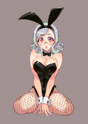 Rule 34 | 1girl, absurdres, animal ears, bare shoulders, black bow, black bowtie, black leotard, blush, bow, bowtie, breasts, chinese zodiac, cleavage, detached collar, fake animal ears, fishnet pantyhose, fishnets, glasses, grey background, highres, kusanagi tonbo, large breasts, leotard, lips, looking at viewer, open mouth, original, pantyhose, playboy bunny, rabbit ears, simple background, sitting, solo, strapless, strapless leotard, wariza, wrist cuffs, year of the rabbit
