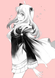 Rule 34 | 1girl, ahoge, anya (spy x family), arms at sides, black dress, breasts, cape, cowboy shot, dress, eden academy school uniform, greyscale, hair between eyes, hairpods, long hair, long sleeves, looking at viewer, medium breasts, monochrome, nair (mindcreator), pink background, school uniform, smile, solo, spot color, spy x family