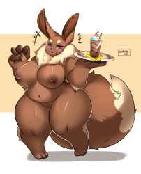 Rule 34 | 1girl, belly, blush, breasts, cleft of venus, creatures (company), curvy, dark nipples, dessert, eevee, eyebrows, eyelashes, food, fur trim, furry, game freak, gen 1 pokemon, half-closed eyes, highres, holding, huge breasts, looking at viewer, mole, mole under eye, navel, nintendo, nipples, nude, ocaritna, open mouth, pawpads, pink eyes, plate, plump, pokemon, pokemon (creature), pussy, simple background, smile, standing, tail, thick thighs, thighs, uncensored, v, wide hips