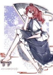 Rule 34 | 1girl, artist name, blue dress, dress, frilled dress, frills, geta, highres, huangyou, looking back, onozuka komachi, puffy short sleeves, puffy sleeves, red eyes, red hair, scythe, short sleeves, sitting, solo, touhou, two side up