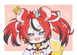 Rule 34 | 1girl, :d, @ @, animal ears, bare shoulders, beer mug, black collar, black hair, blush stickers, chibi, collar, commentary, crop top, cup, drunk, english commentary, hakos baelz, holocouncil, hololive, hololive english, kukie-nyan, layered sleeves, looking at viewer, mouse ears, mouse girl, mr. squeaks (hakos baelz), mug, multicolored hair, open mouth, red hair, smile, solo, spiked collar, spikes, streaked hair, twintails, twitter username, virtual youtuber, white hair