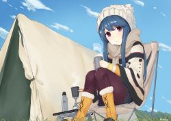 Rule 34 | 1girl, blue hair, blue skirt, blush, brown footwear, brown scarf, chair, closed mouth, cloud, cup, day, fur trim, grass, head tilt, holding, long hair, long sleeves, looking at viewer, mug, outdoors, pantyhose, pleated skirt, purple eyes, purple pantyhose, ribona, scarf, shawl, shima rin, signature, sitting, skirt, sky, smile, solo, steam, tent, thermos, very long hair, yurucamp