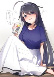 Rule 34 | 1girl, ahoge, black hair, blue eyes, blue shirt, blush, can, drunk, holding, holding can, kako (kancolle), kantai collection, long hair, official alternate costume, open mouth, shirt, short sleeves, simple background, skirt, smile, solo, speech bubble, squeans, strong zero, translation request, very long hair, white background, white skirt, yamashichi (mtseven)