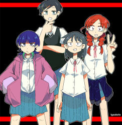 4girls :d aqua_eyes artist_name black_background black_hair black_sweater_vest blue_hair blue_skirt blunt_bangs braid brown_hair chuubatsu_nagano clothes_around_waist collared_shirt commentary dark_blue_hair dress_shirt fujii_ayame futsuu_no_keion-bu green_hair hair_ornament hairpin hand_on_own_chin hands_in_pockets hatono_chihiro heartbreak_(futsuu_no_keion-bu) height_difference hood hooded_jacket jacket jitome kouyama_rin long_hair looking_at_viewer medium_hair multicolored_hair multiple_girls neck_ribbon open_clothes open_jacket open_mouth outline pink_jacket pixie_cut pleated_skirt purple_eyes red_ribbon ribbon sanpaku shirt shirt_tucked_in short_hair short_sleeves skirt smile standing straight-on sweater sweater_around_waist sweater_vest swept_bangs tall_female twin_braids twintails two-tone_hair uchida_momo v white_outline