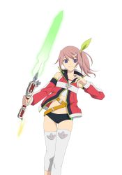Rule 34 | 1girl, absurdres, belt, blue eyes, buruma, detached sleeves, hair ornament, hairclip, highres, holding, holding sword, holding weapon, jacket, long hair, looking at viewer, midriff, navel, official art, pink hair, popped collar, sara (tales), side ponytail, simple background, smile, solo, sword, tales of (series), tales of link, thighhighs, weapon, white background, white thighhighs