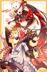 Rule 34 | 1girl, animal, animal ears, animal on head, brown hair, carrying, carrying under arm, dog, dog ears, dog on head, fate/grand order, fate (series), flower, hair flower, hair ornament, highres, japanese clothes, kimono, kyokutei bakin (fate), kyokutei bakin (first ascension) (fate), long hair, on head, paw print, ponytail, red eyes, smile, twitter username, yui (tamagohan)