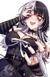 Rule 34 | 1girl, black choker, black dress, black hair, black nails, breasts, chest belt, choker, dress, elbow gloves, gloves, highres, holding, holding scissors, hololive, hololive english, lace-trimmed choker, lace trim, large breasts, multicolored hair, nail polish, open mouth, purple gloves, scissors, shiori novella, shiori novella (1st costume), solo, split-color hair, striped clothes, striped thighhighs, thighhighs, two-tone hair, virtual youtuber, white hair, yellow eyes, zeroyama