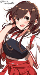 Rule 34 | 1girl, akagi (kancolle), brown eyes, brown hair, commentary request, cowboy shot, hakama, hakama short skirt, hakama skirt, highres, japanese clothes, kantai collection, laco soregashi, long hair, looking at viewer, muneate, one-hour drawing challenge, open mouth, red hakama, revision, simple background, skirt, smile, solo, straight hair, tasuki, twitter username, white background