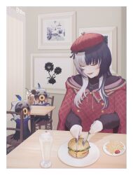 Rule 34 | 1girl, absurdres, beret, black bow, black hair, black nails, black sweater, blush, border, bow, burger, closed eyes, coat, commentary, cup, cutting, drinking straw, fast food, film grain, fingernails, food, fork, french fries, grey hair, hat, hat bow, hazel (hzlform), helmet, highres, holding, holding fork, holding knife, hololive, hololive english, indoors, jewelry, knife, long hair, long sleeves, milkshake, multicolored hair, nail polish, necklace, novelites (shiori novella), one-eyed, open mouth, picture frame, plaid, plaid coat, plaid headwear, plate, plume, purple coat, red coat, red headwear, restaurant, shiori novella, sitting, smile, split-color hair, sweater, symbol-only commentary, twitter username, two-tone hair, virtual youtuber, white border, yellow eyes