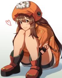 Rule 34 | 1girl, backpack, bad id, bad pixiv id, bag, blush, boots, brown hair, commentary request, crossed arms, fingerless gloves, full body, gloves, guilty gear, guilty gear strive, hat, heart, highres, hood, hoodie, hugging own legs, looking at viewer, may (guilty gear), orange eyes, orange hat, orange hoodie, orange shirt, pirate hat, shirt, sitting, skull and crossbones, solo, tsuki mawari randolph