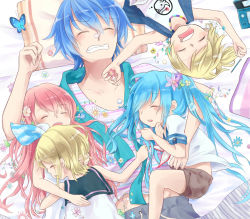 Rule 34 | 2boys, 3girls, aged down, aqua scarf, blonde hair, blue hair, bug, butterfly, child, flower, hair ornament, hair ribbon, handheld game console, hatsune miku, highres, insect, kagamine len, kagamine rin, kaito (vocaloid), koma (remi 398), megurine luka, messy hair, multiple boys, multiple girls, nintendo 3ds, nintendo ds, pillow, pink hair, ribbon, saliva, scarf, siblings, sleeping, twins, twintails, vocaloid