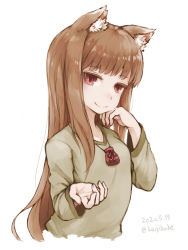 Rule 34 | 1girl, animal ear fluff, animal ears, breasts, brown hair, closed mouth, commentary request, cropped torso, dated, green shirt, hand on own face, hands up, holo, kagikake, long hair, long sleeves, looking at viewer, open hand, pouch, red eyes, shirt, simple background, small breasts, smile, solo, spice and wolf, split mouth, twitter username, upper body, white background, wolf ears