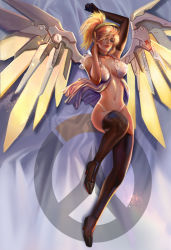 Rule 34 | 1girl, arm behind head, arm up, black footwear, blonde hair, blue eyes, breasts, breasts apart, brown gloves, brown thighhighs, choker, elbow gloves, emblem, fan yang (jiuge), gloves, glowing, glowing wings, halo, hand on neck, high heels, high ponytail, lace, leg up, lips, logo, mechanical halo, mechanical wings, medium breasts, mercy (overwatch), midriff, navel, nose, overwatch, overwatch 1, panties, parted lips, red lips, revealing clothes, shoes, short hair, single elbow glove, solo, spread wings, stomach, teeth, thighhighs, underwear, white panties, wings, yellow wings