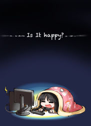 Rule 34 | 1girl, = =, black background, black hair, blanket, check commentary, chibi, commentary request, computer, controller, english text, engrish text, futon, game controller, gamepad, houraisan kaguya, kashuu (b-q), lying, monitor, neet, ranguage, solo, touhou
