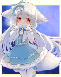 Rule 34 | 1girl, animal ears, ascot, blue bow, blue dress, blue ribbon, blush, bow, commentary request, cowboy shot, dress, fox ears, fox girl, fox tail, hair between eyes, hair bow, hands on own cheeks, hands on own face, long hair, long sleeves, low twintails, neck ribbon, original, pantyhose, parted lips, red eyes, ribbon, sakurada shiro (hy plus), short dress, solo, sunapua, tail, twintails, very long hair, white ascot, white hair, white pantyhose