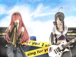 Rule 34 | 2girls, ahoge, bad id, bad pixiv id, belt, breasts, casual, cleavage, closed eyes, elbow gloves, english text, fingerless gloves, gloves, guitar, hair over one eye, highres, i sing for you (vocaloid), instrument, jewelry, large breasts, long hair, megurine luka, microphone, microphone stand, midriff, mujun (zipper), multiple girls, nail polish, necklace, necktie, pants, pink hair, ponytail, purple nails, red nails, silver hair, vocaloid, yowane haku