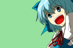 Rule 34 | &gt;:d, 1girl, :d, blue eyes, blue hair, cirno, embodiment of scarlet devil, eyebrows, female focus, looking at viewer, matching hair/eyes, mosushi, open mouth, red ribbon, ribbon, short hair, smile, solo, teeth, touhou, upper body, v-shaped eyebrows