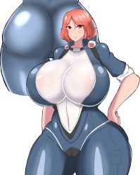 Rule 34 | 1girl, 46ayamahi, absurdres, artist request, ass, blush, bodysuit, breasts, closed mouth, fortune (last origin), hand on own hip, highres, huge breasts, last origin, looking at viewer, red eyes, red hair, shiny clothes, shirt, short hair, smile, thick thighs, thighs, tight clothes