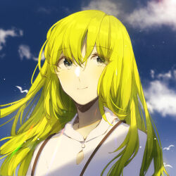 Rule 34 | 1other, androgynous, bird, blue sky, blurry, blurry background, citrusarjun, closed mouth, cloud, cloudy sky, day, enkidu (fate), fate/grand order, fate/strange fake, fate (series), green hair, grey eyes, hair between eyes, lens flare, light particles, long hair, looking at viewer, outdoors, robe, sky, smile, solo, sunlight, twitter username, upper body, white bird, white robe