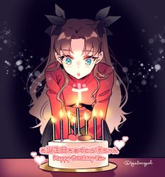 Rule 34 | 1girl, birthday cake, blue eyes, brown hair, byulrorqual, cake, candle, fate/stay night, fate (series), food, hair ribbon, long hair, ribbon, solo, tohsaka rin, two side up