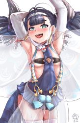Rule 34 | absurdres, armpits, arms up, azur lane, bed, blue eyes, blue hair, breasts, detached sleeves, dime-san, earrings, hair between eyes, headband, highres, jewelry, katsuragi (azur lane), open mouth, saliva, small breasts, solo, thighhighs, tongue, tongue out, twintails, white background