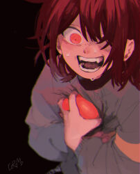 Rule 34 | 1other, androgynous, brown background, brown hair, child, constricted pupils, corogarucoromo, deltarune, grey sweater, hair over one eye, hands on own chest, heart, highres, holding, holding heart, kris (deltarune), long sleeves, open mouth, other focus, red eyes, short hair, signature, simple background, solo, sweat, sweater, teeth, upper body, wide-eyed