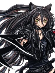Rule 34 | 1girl, animal ears, arknights, belt, black belt, black choker, black hair, black jacket, black nails, black shirt, black tail, choker, closed mouth, cowboy shot, dagda (arknights), green eyes, highres, jacket, leather, leather jacket, long hair, looking at viewer, orrdriver, shirt, simple background, slit pupils, solo, studded belt, studded choker, white background