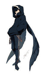 Rule 34 | 1boy, ankle boots, black footwear, black hair, black hoodie, black pants, black wings, boots, chain, covered mouth, feathered wings, full body, hands in pocket, highres, hood, hood up, hoodie, long sleeves, looking at viewer, male focus, mimana, o-ring, orange eyes, original, pants, pants tucked in, shoes, simple background, solo, track pants, turtleneck, white background, wings