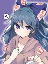Rule 34 | 1girl, blue bow, blue eyes, blue hair, blush, bow, collarbone, grey hoodie, hair between eyes, hair bow, heart, hood, hoodie, long hair, ougi hina, parted lips, purple background, short sleeves, simple background, solo, spoken heart, touhou, upper body, yorigami shion