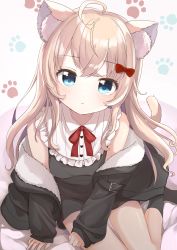Rule 34 | 1girl, :&lt;, absurdres, animal ear fluff, animal ears, bare shoulders, blonde hair, blue eyes, bow, cat ears, cat tail, clothes down, hair bow, highres, jacket, long hair, open clothes, open jacket, original, shirt, sitting, sleeveless, sleeveless shirt, tail, yaminabe (szhal14)