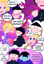 Rule 34 | 2boys, arrow (symbol), black eyes, black hair, blazer, blonde hair, blue eyes, blush, bowl cut, braces, closed mouth, comic, commentary, english commentary, english text, gakuran, hanazawa teruki, hand on another&#039;s shoulder, hands on own head, highres, jacket, kageyama shigeo, long sleeves, looking at another, male focus, mob psycho 100, multiple boys, necktie, nintendo, open mouth, purblethinkin, school uniform, short hair, smile, splatoon (series), star-shaped pupils, star (symbol), symbol-shaped pupils