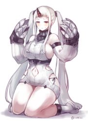 Rule 34 | 10s, 1girl, abyssal ship, adapted costume, alternate hairstyle, black panties, blush, breasts, claws, clothing cutout, colored skin, curvy, detached sleeves, dress, horns, kantai collection, kneeling, large breasts, long hair, navel, navel cutout, panties, red eyes, ribbed dress, seaport princess, short dress, side-tie panties, sideboob, single horn, solo, sumisu (mondo), thick thighs, thighs, twintails, twitter username, underwear, very long hair, white background, white hair, white skin