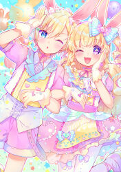 Rule 34 | 1boy, 1girl, :d, ;d, animal ears, blonde hair, blue bow, blue eyes, blue sky, bow, brother and sister, collared shirt, commentary request, confetti, dress, easter, fake animal ears, gloves, hair bow, hand on own cheek, hand on own face, hand up, idol clothes, idol time pripara, jacket, locked arms, long hair, looking at viewer, one eye closed, open mouth, pantyhose, pink dress, pink jacket, pink shorts, pretty series, pripara, purple eyes, rabbit balloon, rabbit ears, shirt, short hair, shorts, siblings, sky, smile, standing, star (symbol), touyama soboro, two side up, white shirt, yellow gloves, yumekawa shogo, yumekawa yui