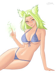 1girl absurdres arm_support bandaid bandaid_on_face bikini blue_bikini breasts electricity electrokinesis front-tie_bikini_top front-tie_top green_hair half-closed_eyes halterneck hand_up highleg highleg_bikini highres large_breasts league_of_legends looking_at_viewer lying naughty_face on_side open_mouth parted_bangs pointing pointing_up shio_aw short_hair sidelocks signature simple_background sitting solo swimsuit twintails white_background yellow_eyes zeri_(league_of_legends)