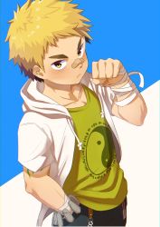 Rule 34 | 1boy, absurdres, arm tattoo, bandaid, bandaid on face, bandaid on nose, blonde hair, blouse, blush, clenched hand, commentary request, cowboy shot, from above, green shirt, highres, hood, hoodie, looking at viewer, looking up, madaato (psgw3383), male focus, muscular, muscular child, ooki ikutoshi, shirt, short hair, short sleeves, simple background, solo, tattoo, thick eyebrows, tokyo houkago summoners, yellow eyes, yin yang, yin yang print