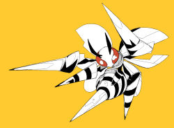 Rule 34 | antennae, beedrill, creatures (company), full body, game freak, gen 1 pokemon, massakasama, mega beedrill, mega pokemon, nintendo, no humans, pokemon, pokemon (creature), red eyes, simple background, solo, striped, wasp, wings, yellow background