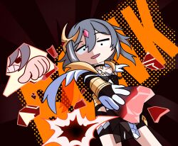 Rule 34 | 1girl, absurdres, asymmetrical clothes, attack, breasts, chibi, chinese clothes, collarbone, derivative work, english text, fu hua, fu hua (herrscher of sentience), gloves, grey hair, hair between eyes, highres, holding, holding weapon, honkai (series), honkai impact 3rd, jewelry, looking at viewer, multicolored hair, open mouth, rgenius100, short hair, simple background, small breasts, streaked hair, thumbs down, upper body, weapon, white gloves