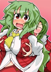 Rule 34 | &gt;:d, &gt; &lt;, 2girls, :d, ascot, blush, breasts, closed eyes, d:, dress shirt, dual persona, embarrassed, female focus, grabbing, grabbing another&#039;s breast, green hair, hug, hug from behind, impossible clothes, impossible shirt, kazami yuuka, kazami yuuka (pc-98), large breasts, long hair, multiple girls, mystic square, nose blush, open mouth, pink background, plaid, plaid skirt, plaid vest, red eyes, shirt, simple background, skirt, skirt set, smile, straight hair, surprised, tearing up, tears, touhou, touhou (pc-98), v-shaped eyebrows, vest, wavy hair, wavy mouth, xd, yuuki shishin