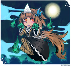 Rule 34 | 1girl, animal ears, black dress, blunt bangs, blush, brown hair, claws, commentary, dog ears, dress, english commentary, feather hair ornament, feathers, floating, ghost, hair ornament, hitodama, kikimora (monster girl encyclopedia), long dress, looking at viewer, monster girl, monster girl encyclopedia, open mouth, orange eyes, ramenwarwok, short hair, smile, solo, tombstone, triangular headpiece