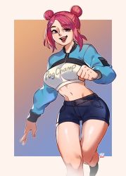 Rule 34 | 1girl, artist name, border, breasts, clenched hand, codemiko, commentary, cropped jacket, denim, denim shorts, english commentary, facing viewer, fang, gradient background, highres, indie virtual youtuber, looking at viewer, medium breasts, navel, open hand, open mouth, pogchamp (meme), purple eyes, red hair, short shorts, shorts, simple background, snowcie, solo, virtual youtuber, white border, wide hips