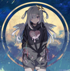 Rule 34 | 1girl, amane kanata, angel wings, black choker, black hoodie, blue hair, choker, closed mouth, colored inner hair, commentary request, cowboy shot, fragile (vocaloid), hair ornament, hair over one eye, hairclip, halo, hololive, hood, hoodie, long hair, long sleeves, looking at viewer, multicolored hair, official art, pink hair, print hoodie, purple eyes, silver hair, solo, standing, star halo, streaked hair, two side up, usirome, virtual youtuber, vocaloid, wings