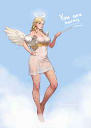 Rule 34 | 1futa, angel, angel wings, artist name, bare legs, bare shoulders, barefoot, blonde hair, blue eyes, blue sky, breasts, cloud, collarbone, commentary, dress, english commentary, english text, flaccid, floating, full body, futanari, halo, hand on own hip, highres, long hair, looking at viewer, medium breasts, navel, nipples, no bra, no panties, off-shoulder dress, off shoulder, original, parted lips, penis, puffy short sleeves, puffy sleeves, see-through, see-through dress, short sleeves, sky, solo, tarakanovich, testicles, wand, white dress, wings