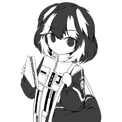 Rule 34 | 1girl, 54772, animal ears, bag, dog ears, food, greyscale, highres, holding, holding food, jacket, jang schna, long sleeves, looking at viewer, medium hair, monochrome, multicolored hair, project moon, puffy long sleeves, puffy sleeves, sandwich, solo, streaked hair, upper body, virtual youtuber