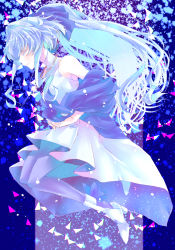 Rule 34 | 1girl, bare shoulders, blue hair, commentary, dress, closed eyes, floating, floating hair, from side, gundam, gundam build divers, gundam build divers re:rise, high heels, highres, light blue hair, long hair, naridon, own hands together, pantyhose, ponytail, purple pantyhose, sara (gundam build divers), sidelocks, solo, white dress