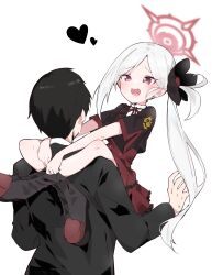 Rule 34 | 1boy, 1girl, :d, absurdres, arms around neck, black flower, black hair, black jacket, blue archive, boots, commentary request, flower, formal, hair flower, hair ornament, halo, heart, high-waist skirt, highres, hug, jacket, leg lock, long hair, mutsuki (blue archive), ooyama imo, open mouth, parted bangs, red eyes, red skirt, sensei (blue archive), shirt, short sleeves, side ponytail, skirt, smile, suit, very long hair, white hair, white shirt