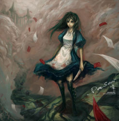 Rule 34 | 1girl, alice: madness returns, alice (alice in wonderland), alice in wonderland, alice liddell (american mcgee&#039;s alice), american mcgee&#039;s alice, black hair, blood, boots, card, dansearl, dress, female focus, green eyes, jewelry, knife, long hair, necklace, outdoors, sky, solo, vorpal blade