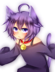 Rule 34 | 04-10, 1boy, ahoge, androgynous, animal ears, bad id, bad pixiv id, bare shoulders, bell, neck bell, blush, cat boy, cat ears, collar, fang, heart, highres, looking at viewer, male focus, original, oversized clothes, oversized shirt, purple eyes, purple hair, shirt, sleeves past wrists, solo, tail, trap