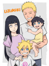 Rule 34 | 2boys, 2girls, :d, bad id, bad pixiv id, bandages, blonde hair, blue eyes, border, brother and sister, carrying, carrying person, closed eyes, closed mouth, family, father and daughter, father and son, grey background, grin, hair between eyes, hand on another&#039;s shoulder, highres, hyuuga hinata, long hair, long sleeves, looking at viewer, mother and daughter, multiple boys, multiple girls, naruto: the last, naruto (series), open mouth, pink shirt, pinoko (pnk623), purple hair, shirt, short hair, siblings, simple background, sleeveless, smile, teeth, uzumaki boruto, uzumaki himawari, uzumaki naruto, white eyes, white shirt