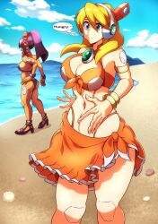 2girls absurdres alia_(mega_man) ass beach belly bikini blonde_hair blue_eyes breasts capcom cleavage highres hungry imminent_vore joints kotatuman_dash large_breasts layer_(mega_man) mega_man_(series) mega_man_x_(series) multiple_girls navel purple_hair robot_girl robot_joints swimsuit water